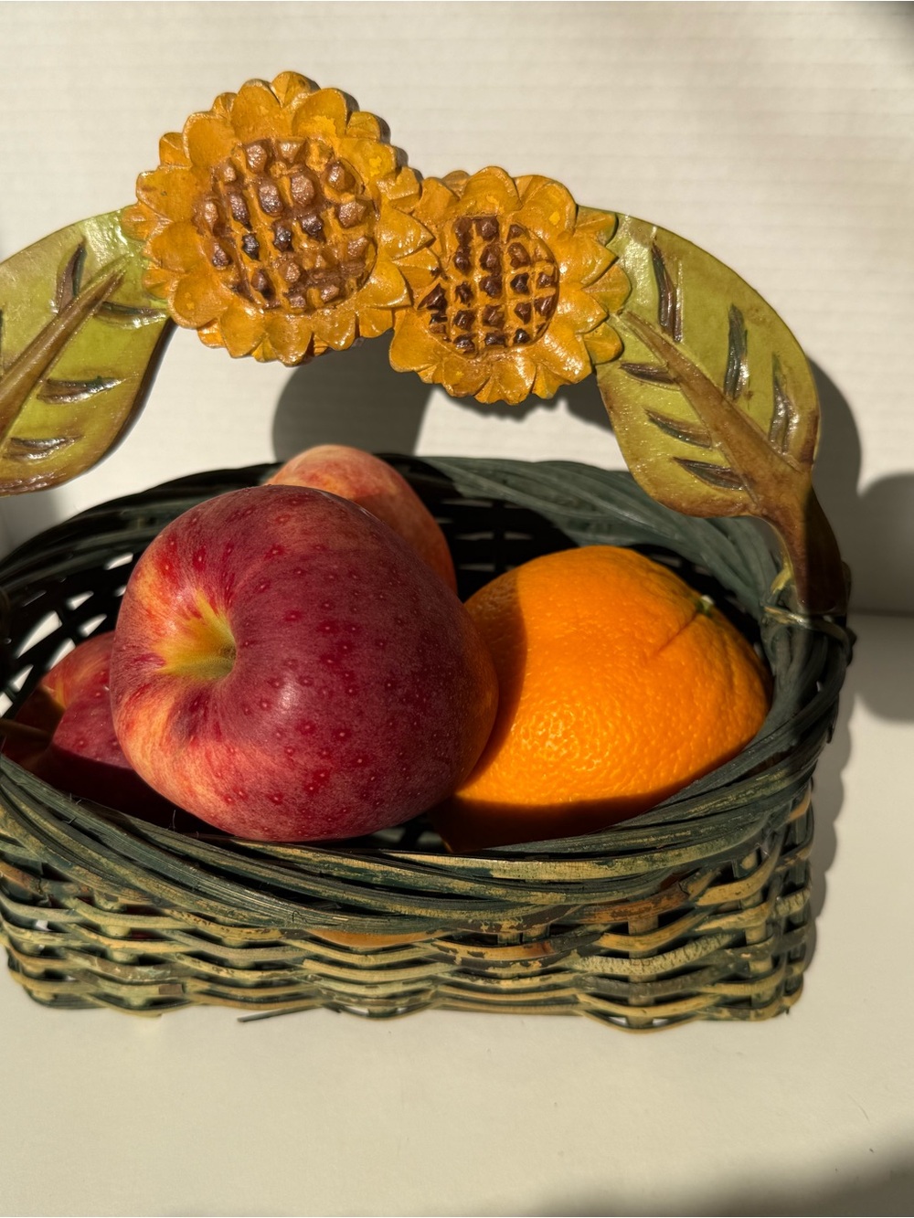 Vintage basket with curved wooden Sunflowers handle